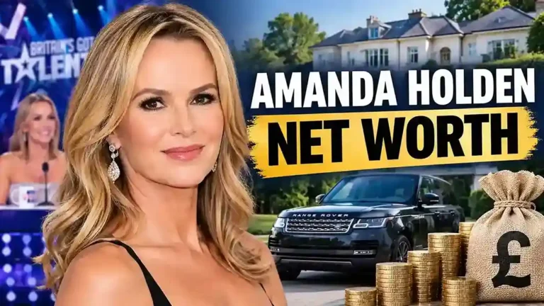 Amanda Holden net worth 2026 – smiling BGT judge with luxury mansion, black Range Rover and British pound fortune illustration
