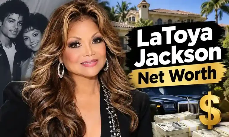 LaToya Jackson Net Worth – Portrait of singer and actress LaToya Jackson with luxury mansion, black Rolls-Royce, stacks of cash, and childhood photo with Michael Jackson