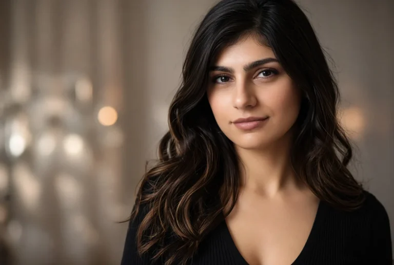 Mia Khalifa portrait – Lebanese-American media personality with long dark wavy hair in black top