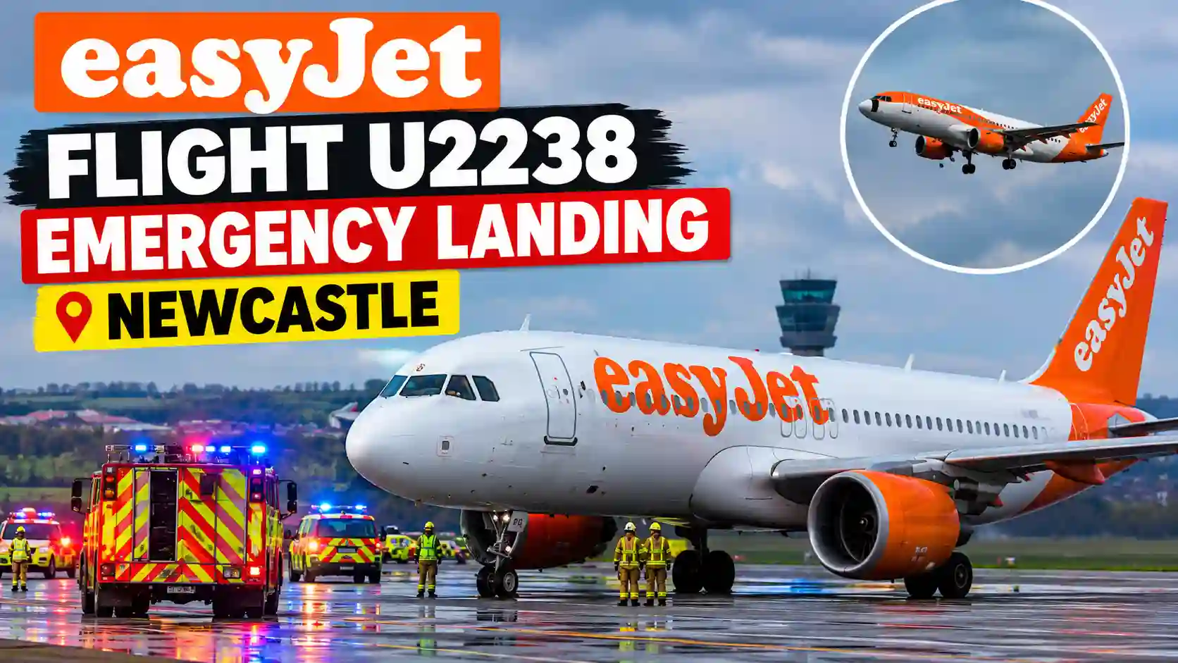EasyJet Flight U2238 emergency landing at Newcastle Airport with emergency response vehicles on the runway.