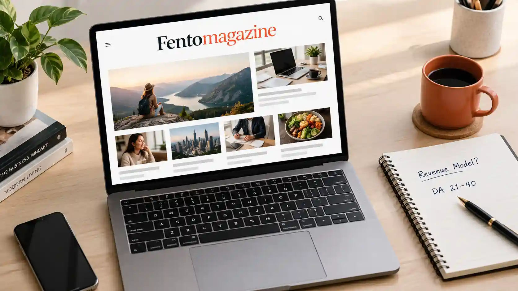 Fentomagazine digital magazine website displayed on a laptop beside a notebook with revenue model and DA 21–40 notes.