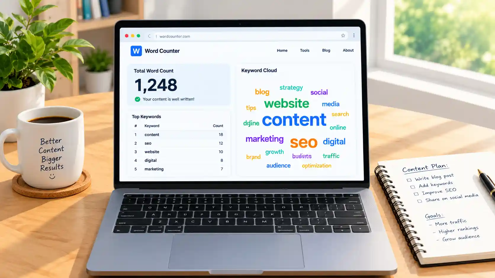 Word counter tool dashboard displaying total word count, top keywords, and a colorful SEO word cloud on a laptop.