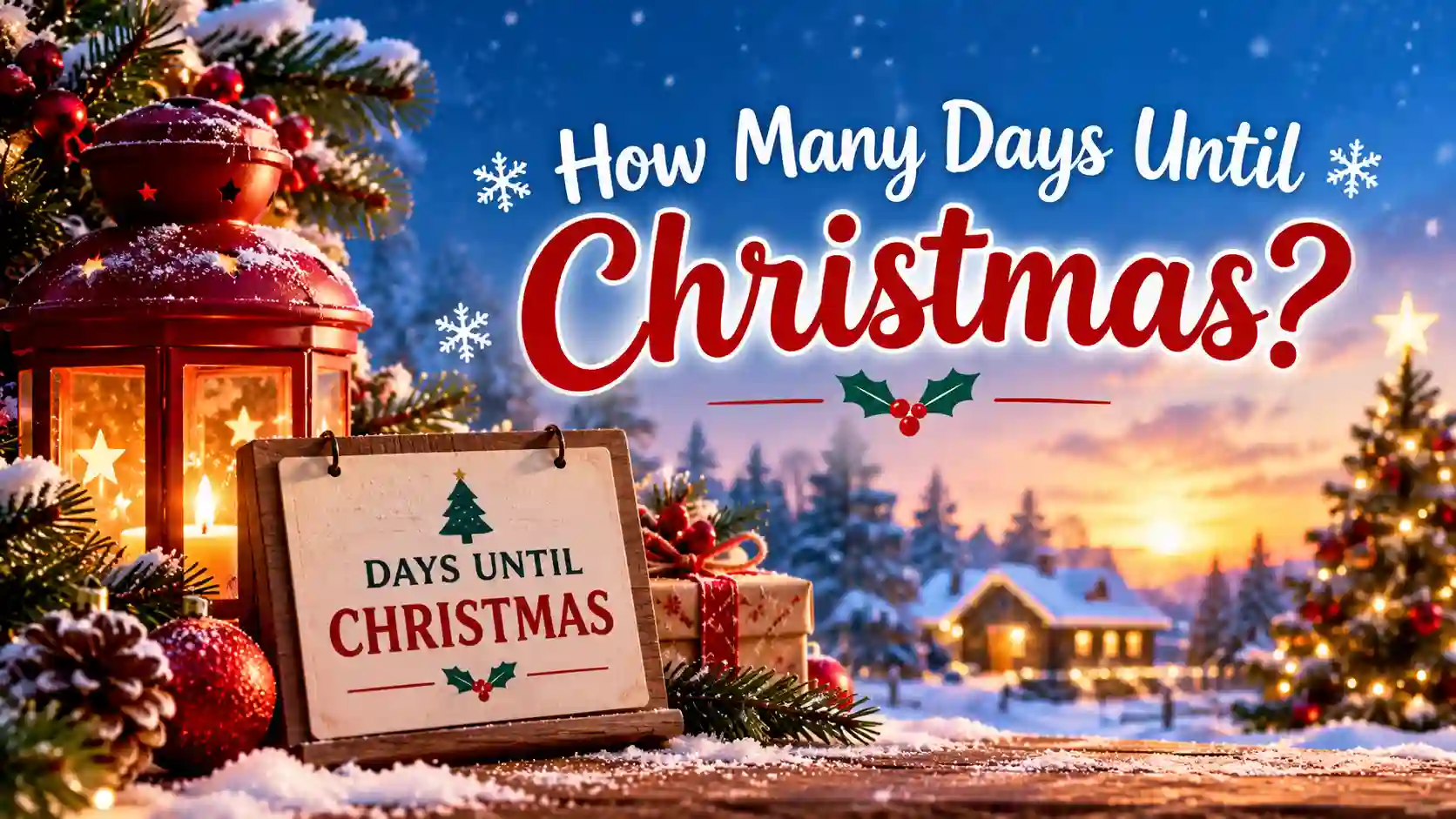 How many days until Christmas countdown sign with glowing lantern, Christmas gifts, ornaments, and snowy village at sunset