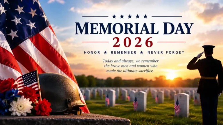 Memorial Day 2026 tribute showing American flag, military helmet with flowers, saluting soldier, and cemetery headstones at sunset with text Honor Remember Never Forget