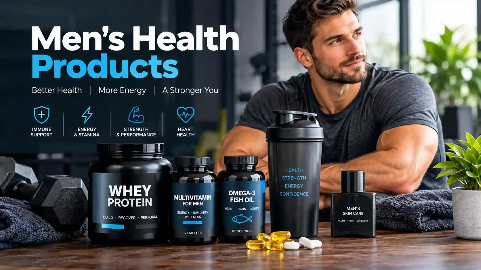 Men's health products including protein powder, multivitamins, fish oil supplements, and fitness accessories
