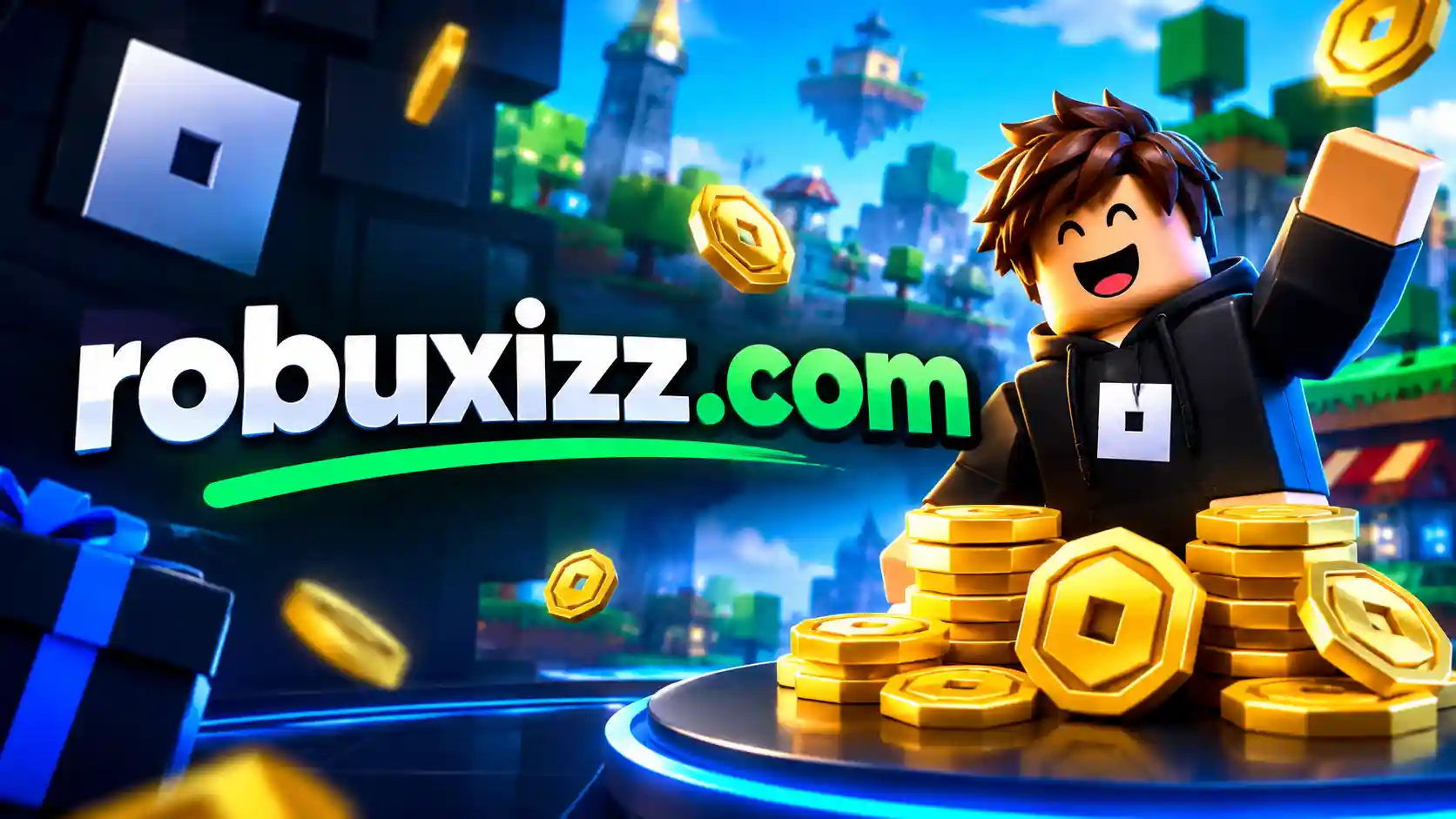 Robuxizz.com featured image with a Roblox-style gaming character and golden Robux coins.