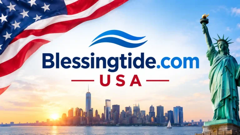 Blessingtide.com USA website featuring the American flag, Statue of Liberty, and New York skyline