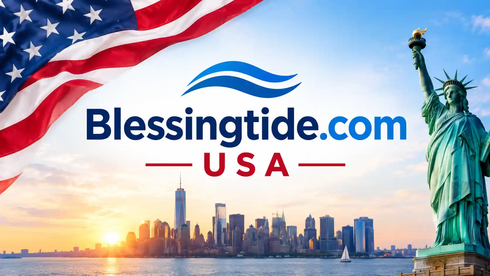 Blessingtide.com USA website featuring the American flag, Statue of Liberty, and New York skyline
