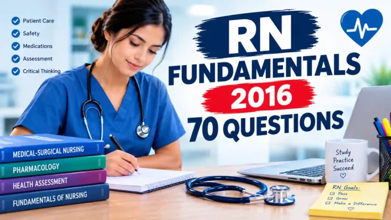 RN Fundamentals 2016 70 Questions nursing study guide featuring a nurse, medical textbooks, and study materials.