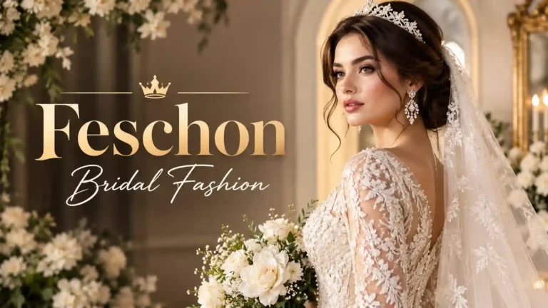 Feschon Bridal Fashion featuring an elegant bride in an ivory embroidered wedding gown with a veil and bouquet.
