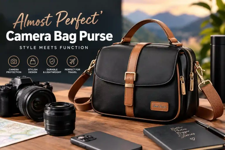 Almost Perfect camera bag purse in black with tan leather accents and gold hardware
