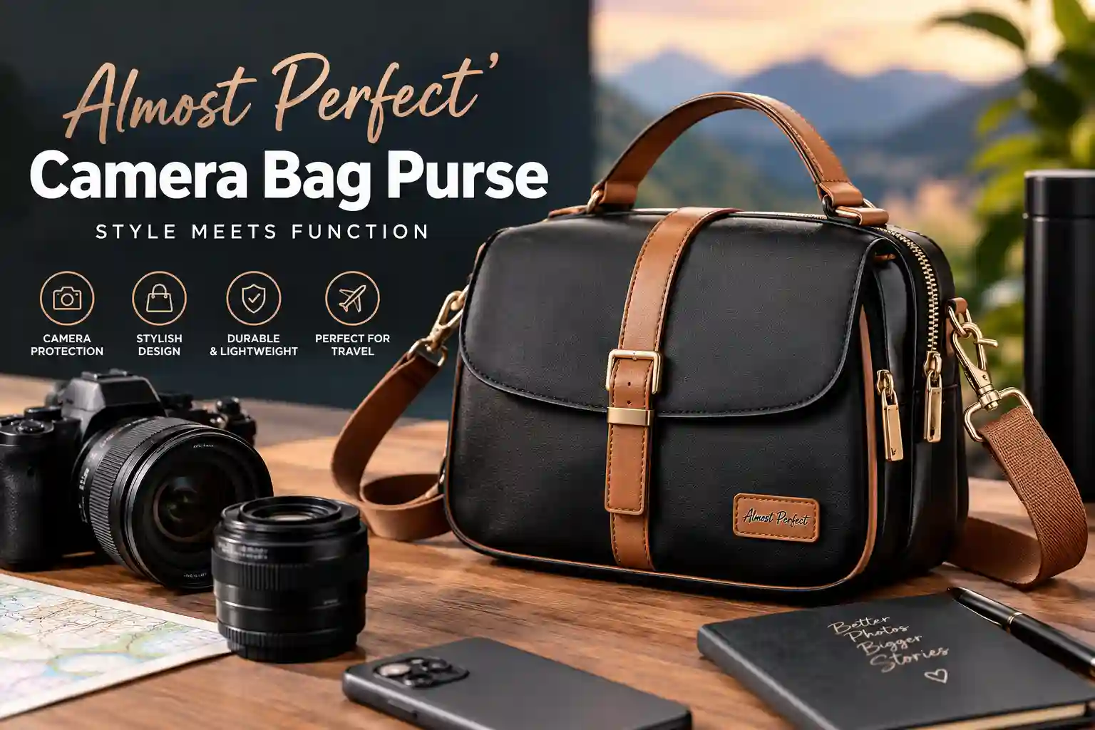 Almost Perfect camera bag purse in black with tan leather accents and gold hardware
