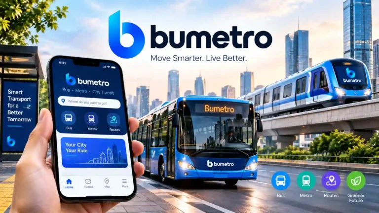 Bumetro smart transportation concept featuring a mobile app, blue city bus, and metro train