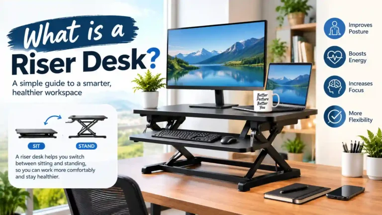 What is a riser desk showing an adjustable desk riser with a monitor and keyboard in a modern home office
