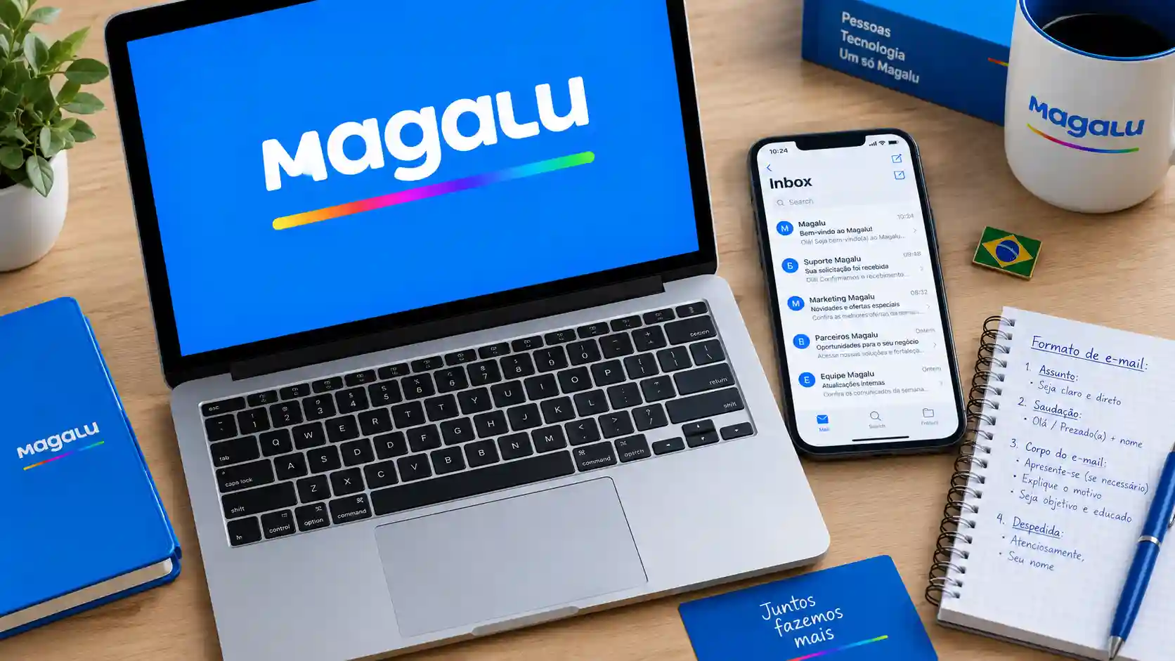 Magazineluiza com br email format guide showing corporate email structure on laptop screen