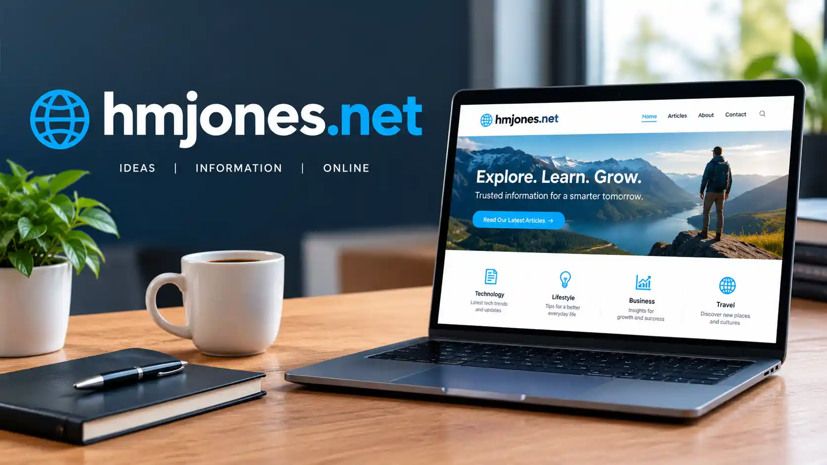 hmjones.net website displayed on a laptop with a modern design for online information and articles.